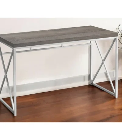 HMS 24" Taupe and Silver Computer Desk Convertible Extendable Foldable Portable with Leather Top Wood Material