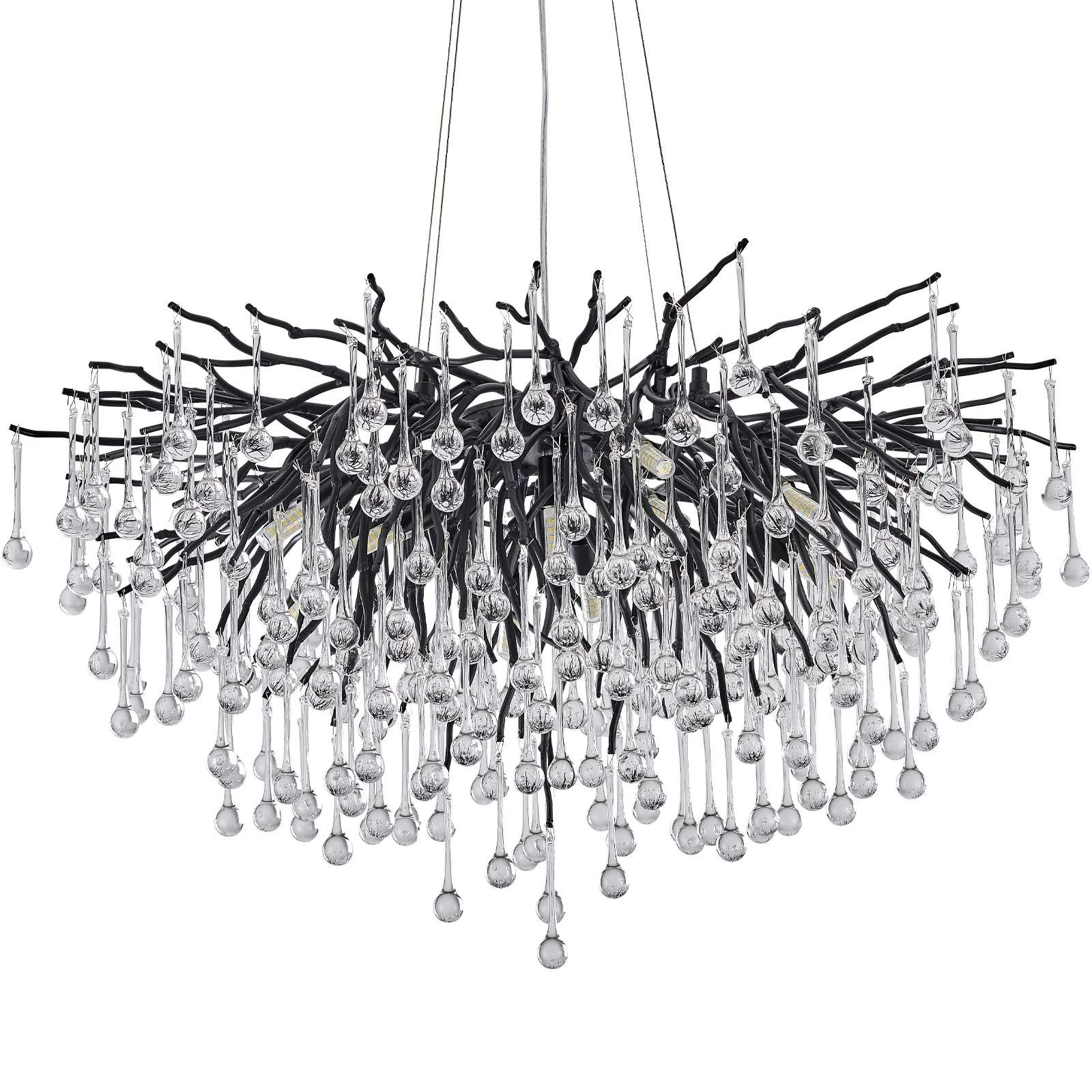 Modern crystal chandelier in black chrome and gold with raindrop crystals hanging in a living room