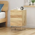 Natural wood nightstand with wavy front and metal legs in a modern bedroom setting