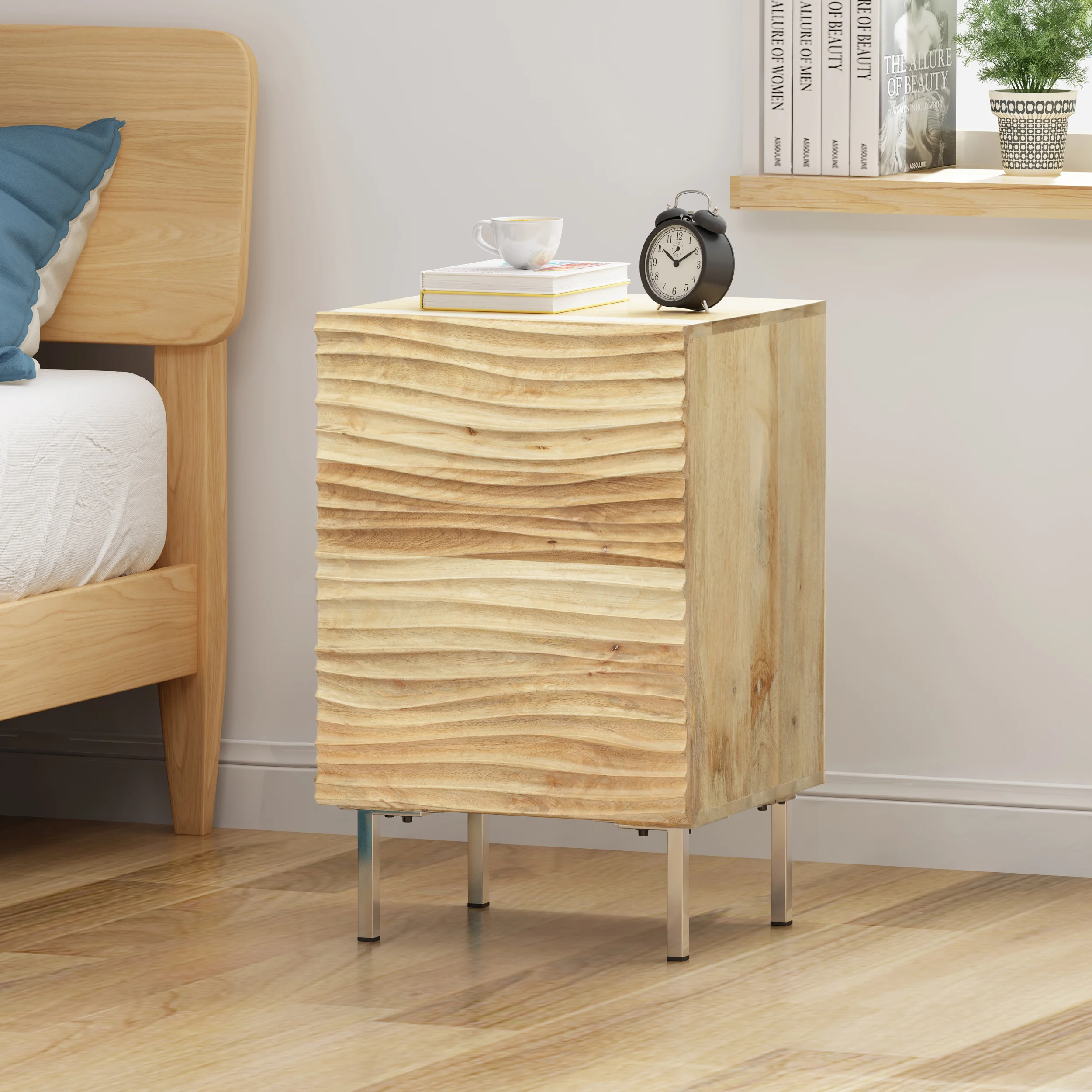 Modern wavy front nightstand with wood grain in bedroom setting