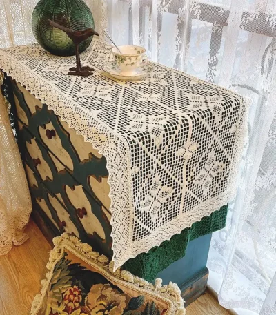 Crochet Cotton Linen Blend Table Runner, Retro Side Table Hollow Tablecloth, Lace Edge, Home Decor