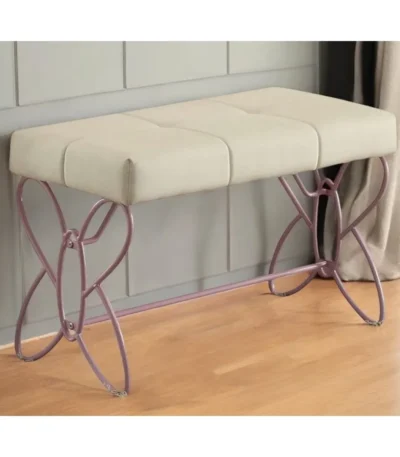 Tufted faux leather bench in white with purple metal frame for living room seating