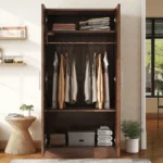 Scandinavian 2-door solid wood wardrobe with shelves and drawers in brown finish