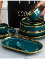 Green With Gold Inlay Quality Plates Full Set Luxury Steak Food Tray Ceramic Dinner Dish Salad Bowl Spoon Porcelain