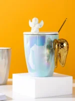 Creative Pearlescent Colored Ceramic Mug with Angel Wings, Coffee Cup with Lids, Cute Flower Tea Tazas Afternoon