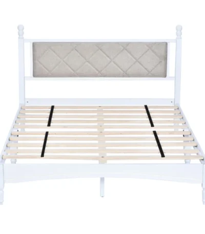 Goldoma solid wood bed frame with fabric headboard in full size white finish - sturdy rubberwood construction with upholstered headboard