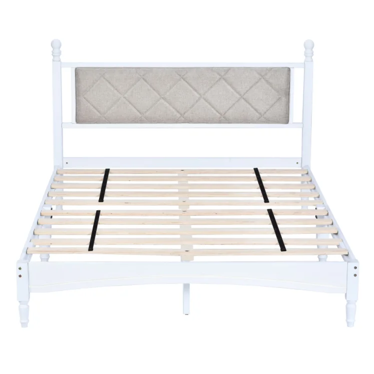 Hdced121d1df64198a7bdcb900de6c25bE.webp Goldoma solid wood bed frame with fabric headboard in full size white finish - sturdy rubberwood construction with upholstered headboard
