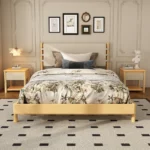 Beige upholstered queen platform bed frame with two matching nightstands and adjustable headboard – Goldoma