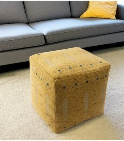 Goldoma 18 inch yellow abstract pouf ottoman square foot stool and accent seat with solid wood frame