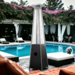 The Goldoma triangular pyramid outdoor heater with propane tank attached, placed on a wooden deck.