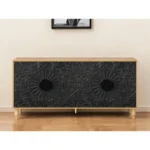 HMS 68 Carved Floral Sideboard with Four Doors Distressed Natural and Black Finish