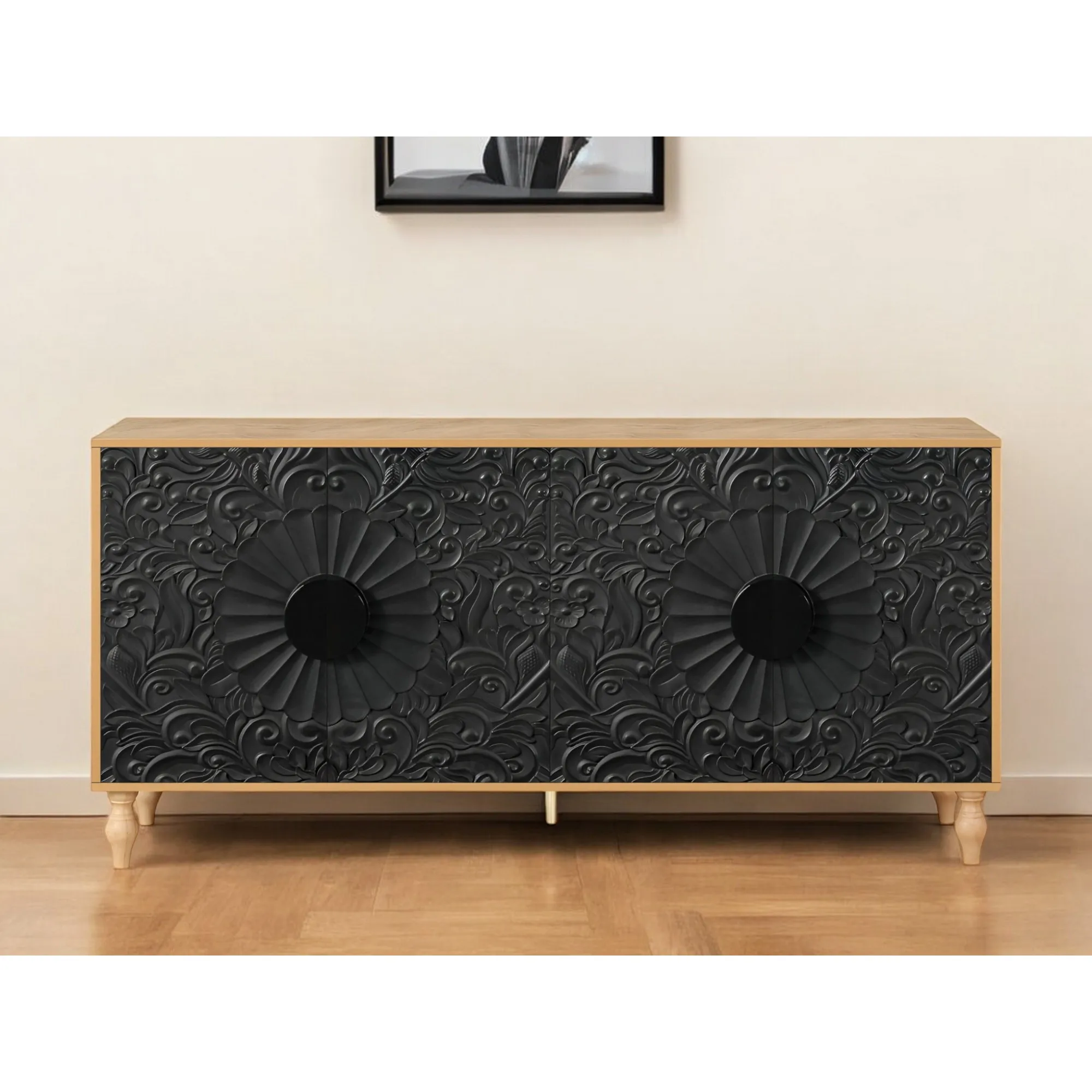 Hdd0ac35369f9412a8d9bed698562fe08y.webp HMS 68 Carved Floral Sideboard with Four Doors Distressed Natural and Black Finish - Image 1