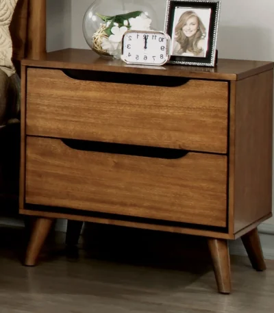 Mid Century Modern Oak Nightstand 2 Drawer Solid Wood with Round Tapered Legs