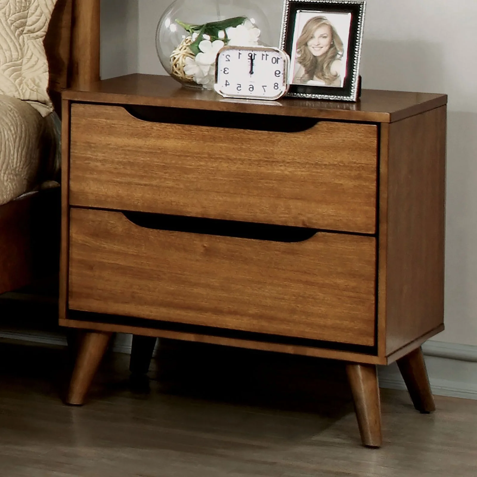 Hdd1bbdefe781414294eb8b888453755dx.webp Mid Century Modern Oak Nightstand 2 Drawer Solid Wood with Round Tapered Legs