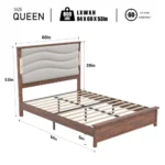 Goldoma queen bed frame with upholstered headboard, charging station, and LED lights in beige linen