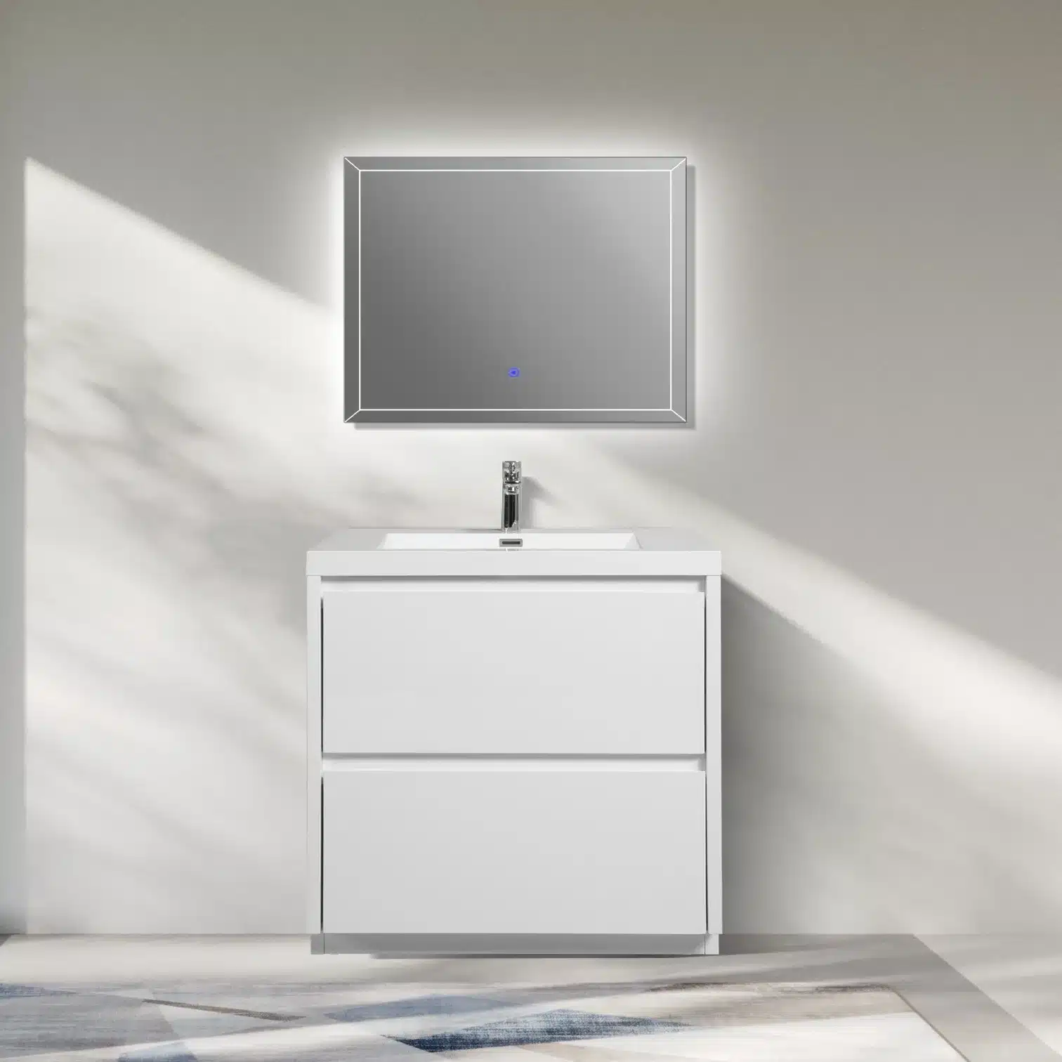 Modern freestanding bathroom vanity with glossy white MFC cabinet and marble countertop, placed in a bright bathroom