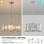 The 4-light chandelier illuminated, casting sparkles from the crystals in a dimly lit living space.