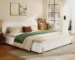 Goldoma King Size Sleek White Plush Upholstered Bed with Wavy Headboard & Vertical Stitching