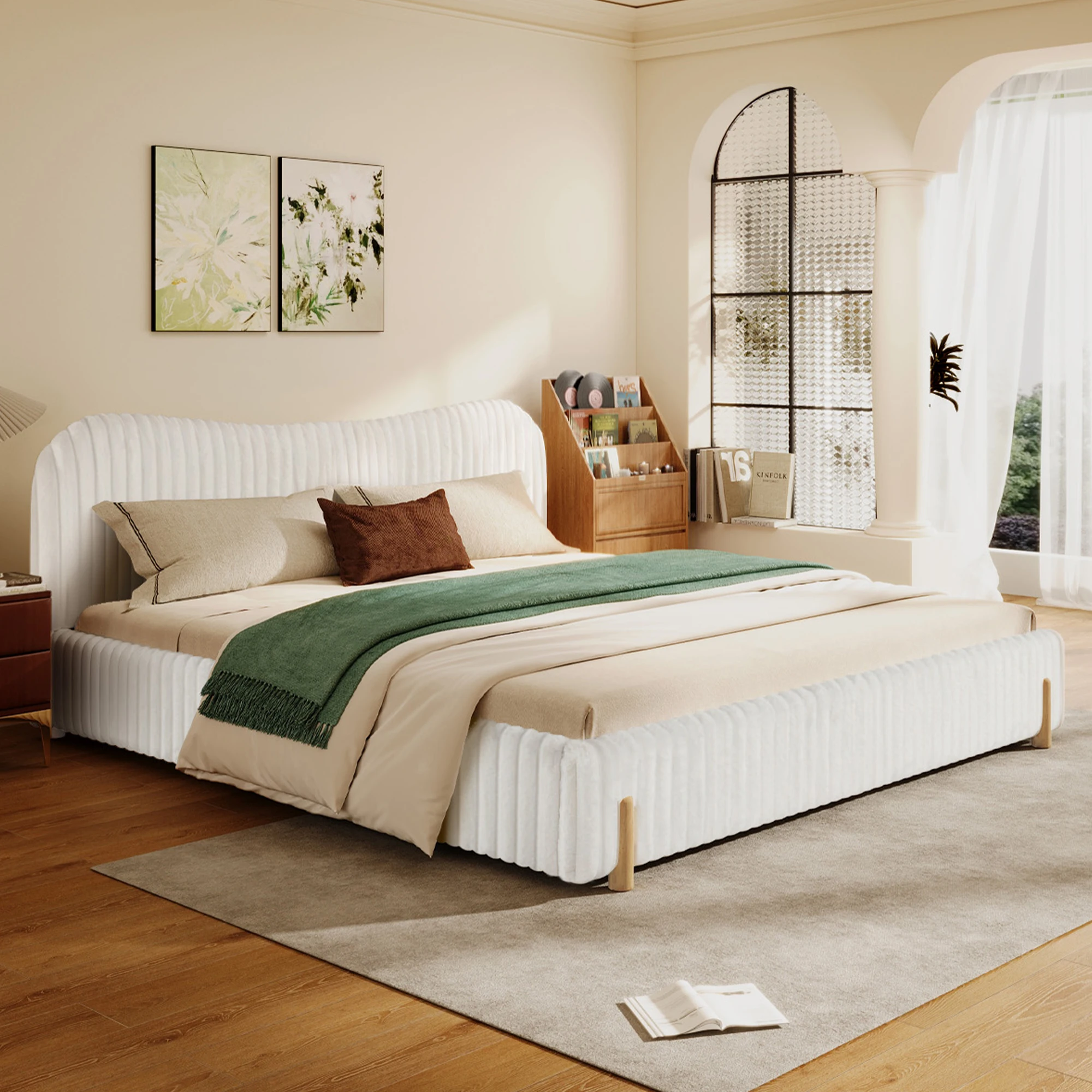 Hddeecbb595ab494fb15680249fff250er.webp Goldoma plush upholstered king bed with wavy headboard and vertical stitching in white boucle fabric