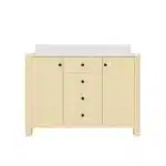 Open cabinet doors revealing interior storage shelves, with vanity placed in a spa-like bathroom setting with plants.