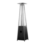 Goldoma HMS 41000 BTU black steel and stainless steel triangular pyramid patio heater on a garden lawn.