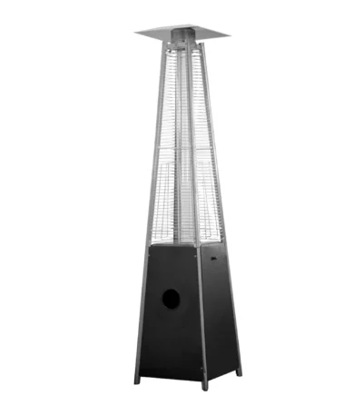 Black steel and stainless steel patio heater propane triangular pyramid standing in garden
