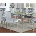 Silver dining table with mirror accents and leaf, rectangular shape, glam style dining room furniture featuring solid wood construction and reflective apron