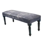 47-inch upholstered bench with blue and cream abstract pattern and blue legs in a living room