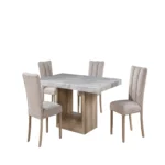 Modern adjustable dining table set with natural finish and fabric chairs for dining room