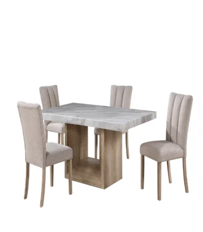 Modern adjustable dining table set with natural finish and fabric chairs for dining room