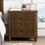 Fluted nightstand set of two in walnut finish with metal handles, mid-century modern style by Goldoma