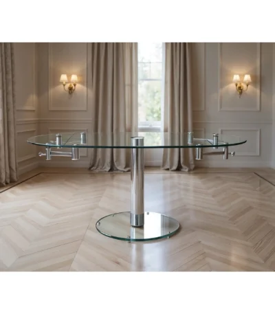 40 inch clear glass extendable dining table with self-storing leaf and silver metal pedestal base, modern design