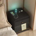 Smart nightstand with charging station and LED lights in a modern bedroom setting
