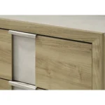 Driftwood nightstand two drawer with wooden construction and minimalist design in bedroom setting