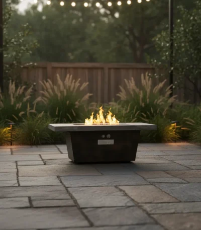 Modern metal propane fire pit on patio with glowing flames