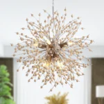 Modern boho dandelion chandelier with 8-light wooden beads firework design, hanging in a living room with warm ambient