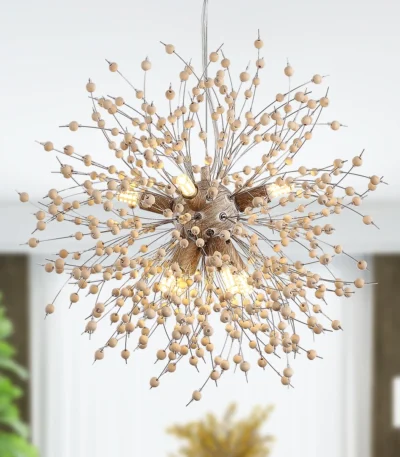 Modern boho dandelion chandelier with 8-light wooden beads firework design, hanging in a living room with warm ambient