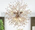 Modern boho dandelion chandelier with 8-light wooden beads firework design, hanging in a living room with warm ambient