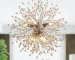 Modern boho dandelion chandelier with 8-light wooden beads firework design, hanging in a living room with warm ambient
