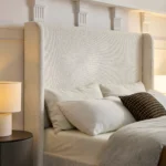 Goldoma queen upholstered wingback platform bed with adjustable 54-inch headboard in oak wood and fabric upholstery