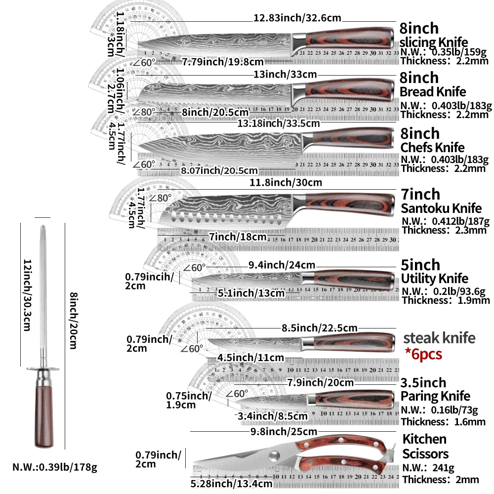 IOKO 15-Piece Japanese Style Kitchen Knife Set Sashimi Paring 8 Inch Chef Sushi Steak Utility 7 Inch Santoku Kitchen Knife Set