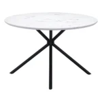 Round glass top dining table with white and black steel base and lazy Susan