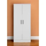 White two-piece bedroom set with dresser and armoire featuring metal handles and manufactured wood construction