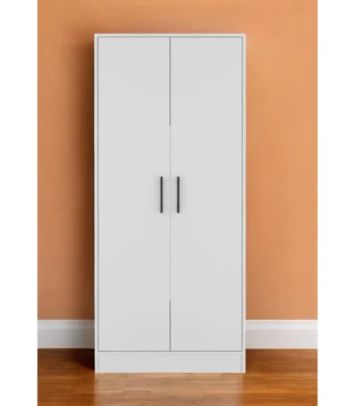White two-piece bedroom set with dresser and armoire featuring metal handles and manufactured wood construction