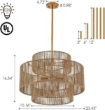 Boho Hand Woven Rattan Chandelier, UL listed Large Pendant Light for Kitchen Island Dining Room Living Room – styled in a