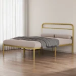 Goldoma Queen Platform Bed Frame with beige upholstered headboard and gold metal frame