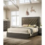 Goldoma Modern Contemporary Queen Size Bed with Gray V-Design Headboard – Rubberwood Bedframe – close-up detail