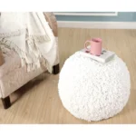 Goldoma 20" Cream Cotton Tufted Round Pouf Ottoman - Footrest & Extra Seat – close-up detail
