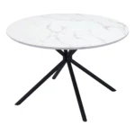 Round glass top dining table with white and black steel base and lazy Susan