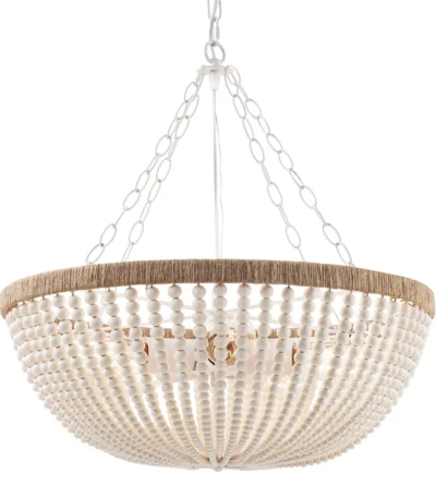 Bohemia Wood Beaded Chandelier Farmhouse Rustic Pendant Light for Bedroom Kitchen Island Dining Living Room White, Dia 22